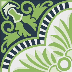 Decorative cement tile Arecales with circles and medallions, bands and lines, arches and curves