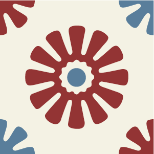 Decorative cement tile Atelier with flowers and petals, stars and radial forms, squares and checkerboards
