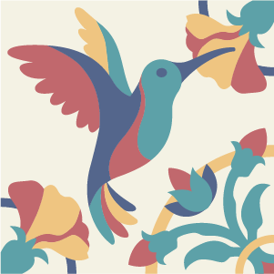 Decorative cement tile Colibri with flowers and petals, leaves and foliage, birds and wildlife