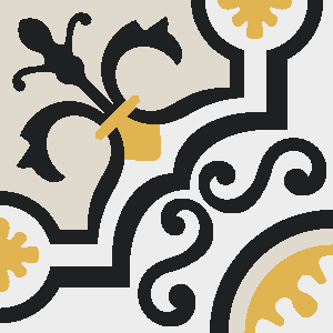 Decorative cement tile Dinard with circles and medallions, diagonals and zigzags, arches and curves
