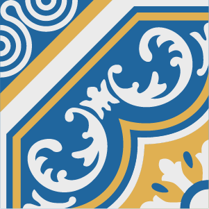 Decorative cement tile Prisco with leaves and foliage, circles and medallions, diagonals and zigzags
