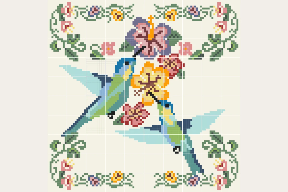Complete cement tile rug pattern TAPETE XOCBICHUY COLIBRÍES